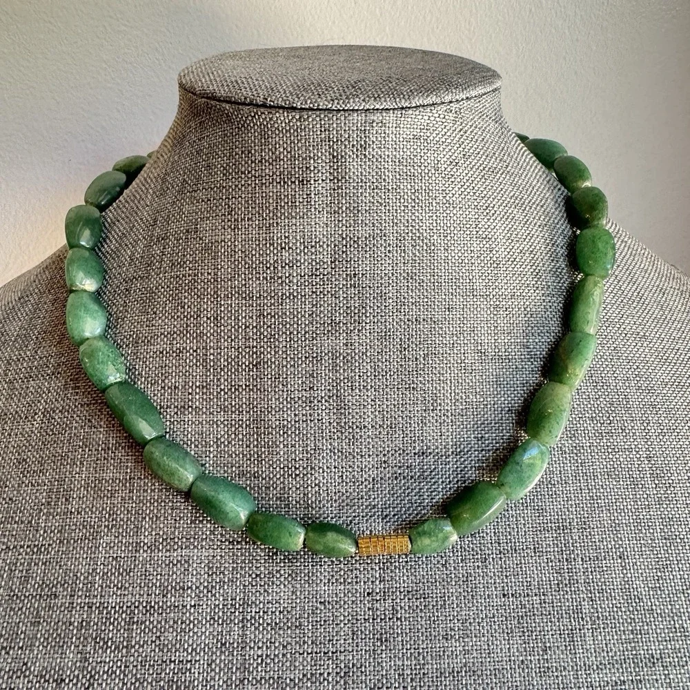 Vintage Green Aventurine Barrel Bead‎ Necklace 18